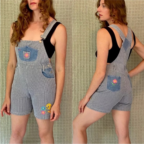 Vintage 90s Y2K Blue Gingham Denim Short Jean Overalls Looney Tunes size S/XS - Picture 1 of 13